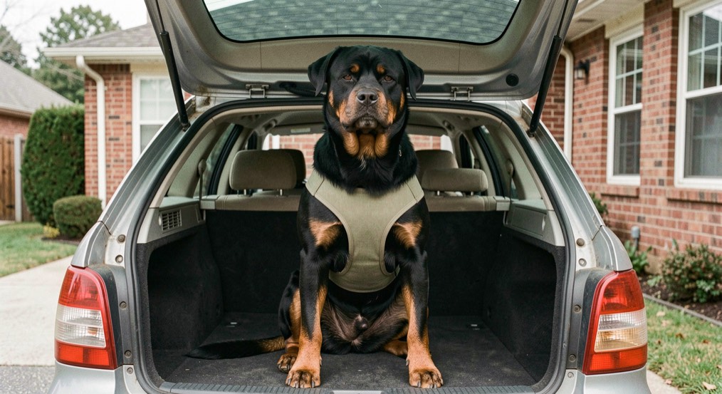 Adult Rottweiler sitting in the open trunk of a station wagon parked before a brick house, plain wide fabric harness with no markings on the chest, tan markings on chest and cheeks, natural tail folded to the side