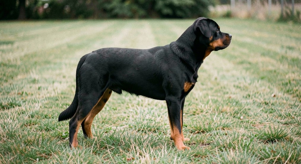 Adult Rottweiler standing in profile on a mown lawn, compact body and straight back, black coat with tan markings on the legs and muzzle, dropped triangular ears and low natural tail