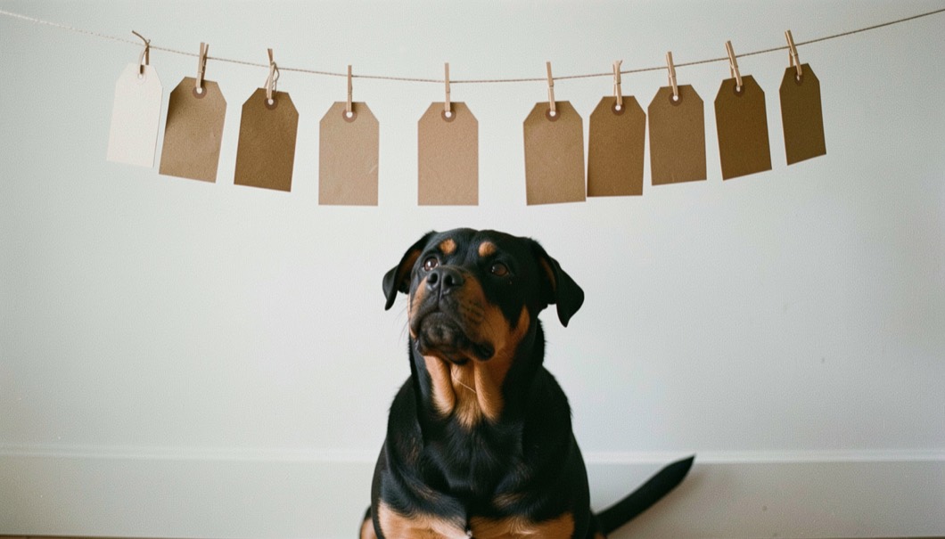 Blank kraft paper tags hanging on a taut string in front of a white wall, adult Rottweiler sitting underneath and looking up at them, broad head, tan markings on the cheeks and chest, dropped triangular ears and natural tail folded to the side