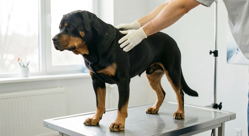 Adult Rottweiler standing on a steel exam table in a bright consulting room, two gloved hands palpating its shoulder, tan markings on muzzle and legs, hanging natural tail