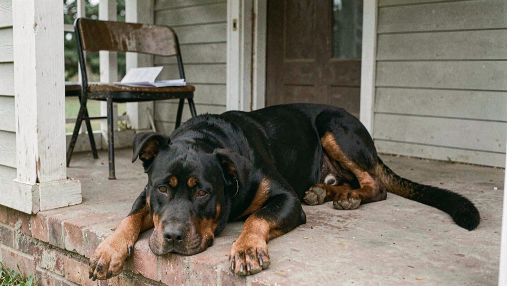 Porch of a single story house with an empty chair and a paper file on the seat, an adult Rottweiler lying across the threshold, broad head on its front paws, tan markings on the cheeks, dropped triangular ears and natural tail extended behind the body