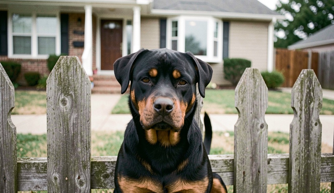 Adult Rottweiler sitting behind a picket fence before a suburban house, muzzle between two boards, tan markings on cheeks and chest, broad head with dropped triangular ears, natural tail folded behind