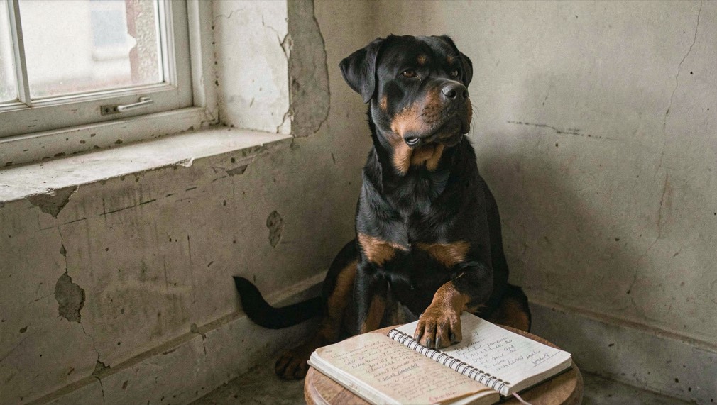 Adult Rottweiler sitting against the wall under a window beside a spiral notebook open on a dated page, broad head raised, tan markings on brows and chest, natural tail curled around the hind legs