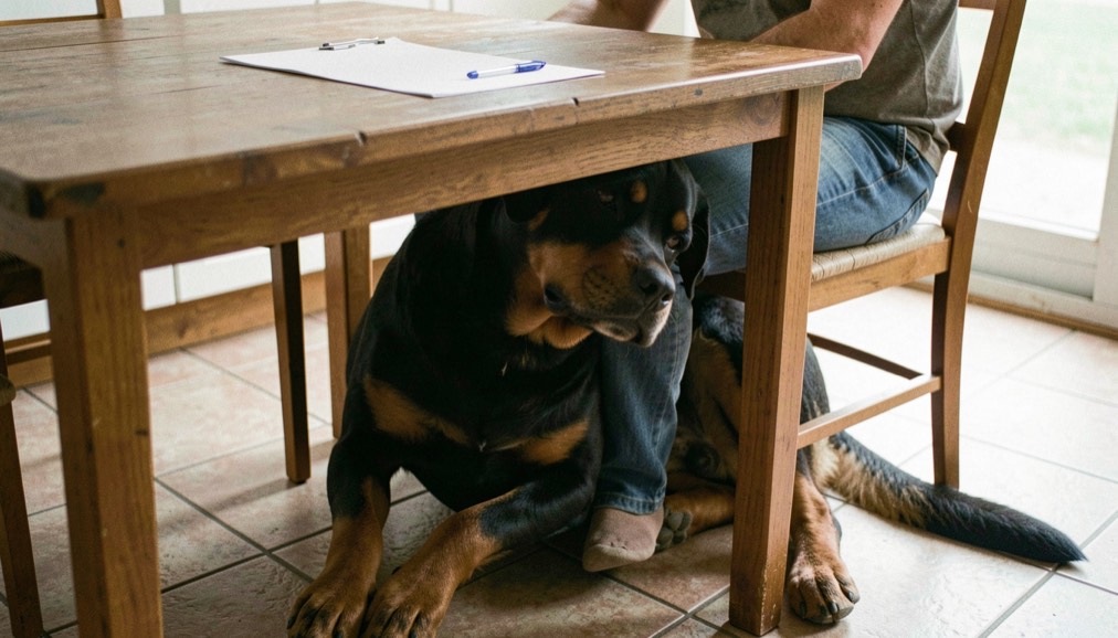 Kitchen table with a blank printed form and a pen, an adult Rottweiler sitting under the table against a chair, broad head resting on a seated person’s knee, tan markings on the cheeks, dropped triangular ears and natural tail sweeping the tile