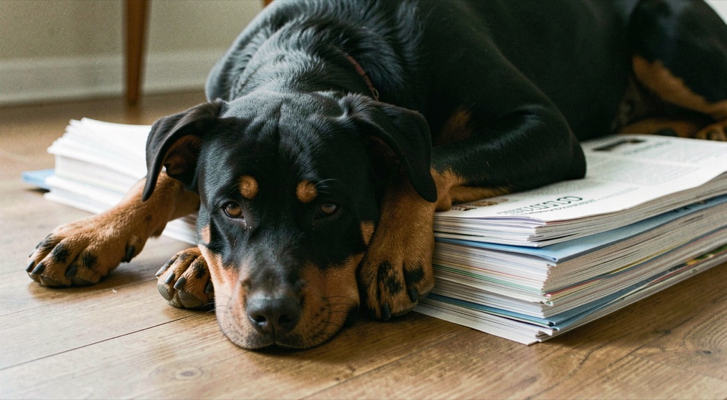Adult Rottweiler lying across the edge of a stack of stapled printed documents on a wooden floor, broad head resting on one paw, tan markings on the cheeks, dropped triangular ears and natural tail stretched along the boards