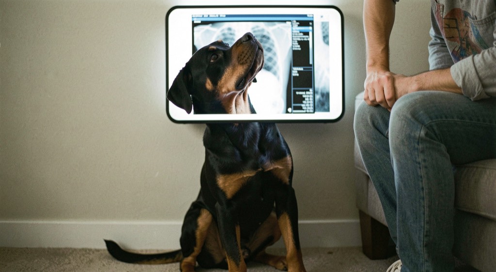 Canine hip radiograph clipped to a wall light box, adult Rottweiler sitting below against its owner’s leg, broad head raised to the glowing screen, tan markings on the brows, dropped triangular ears and natural tail curled on the floor