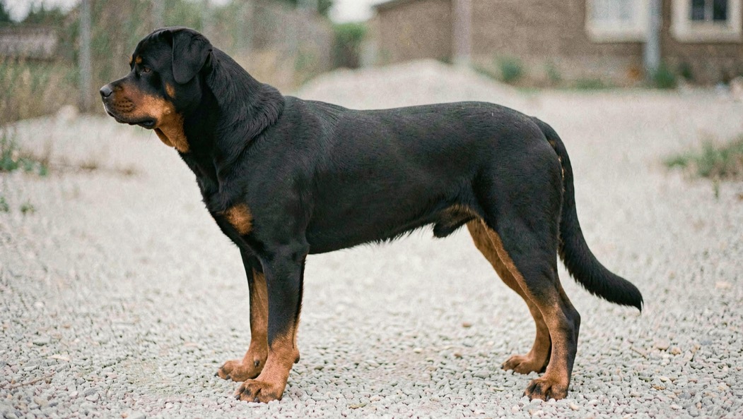 Adult Rottweiler standing in profile on light gravel, straight topline and chest reaching half the body height, tan markings edged on cheeks and legs, natural tail continuing the back line