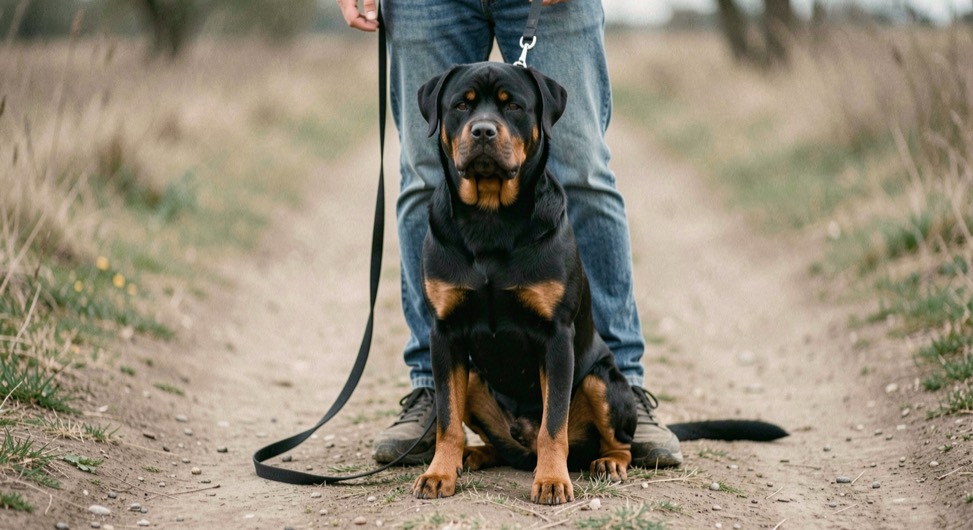 Adult Rottweiler sitting at the foot of a person seen from the knees down on a dirt path, slack leash resting on the ground, compact body facing forward, tan markings on brows and legs, horizontal natural tail